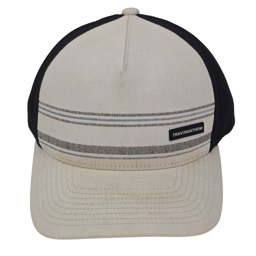 Travis Mathew Golf Hat Trucker Cap Flexfit 110 Snapback Striped Mesh Cream Black - Picture 2 of 7